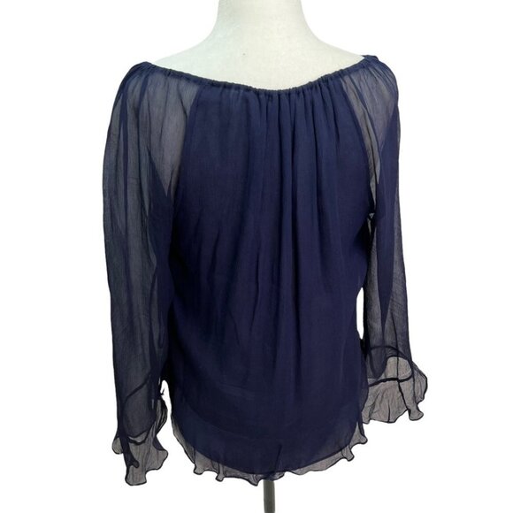 DIANE von FURSTENBURG Navy Peasant Long Sleeve Sheer Blouse Size S - Picture 5 of 8